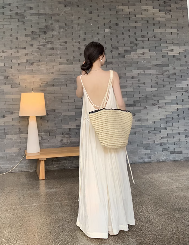 Beach vacation dress travel wear loose backless long suspender dress R0197