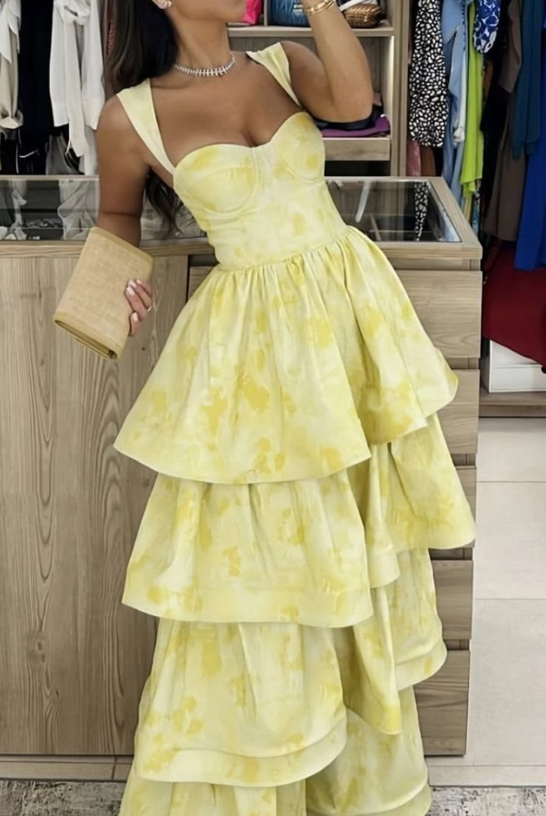 Fresh Ruffled Silky Prom Gown Yellow Women's Corset Maxi Evening Dress Casual Dress RS2904