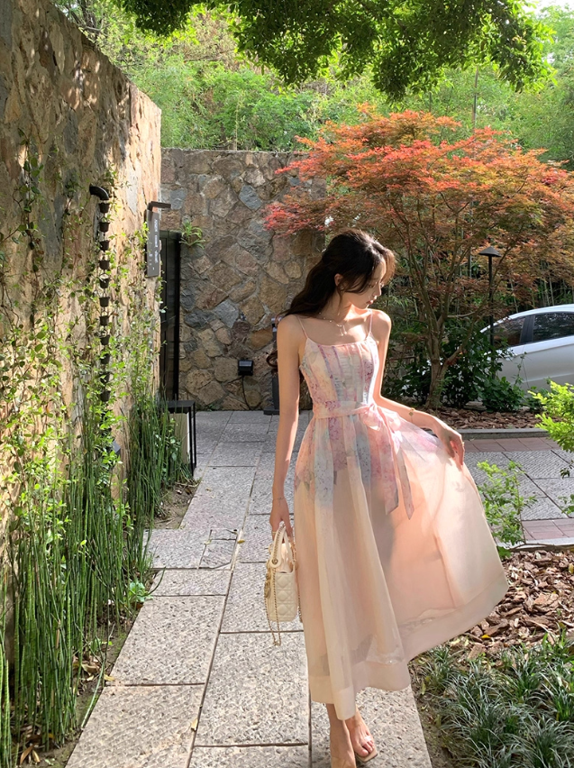 Fresh and elegant gradient print dress female 2025 new French gentle style flower suspender skirt R4380