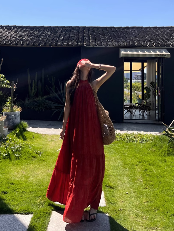 Travel wear red long skirt loose slim print skirt island vacation halter dress R1762