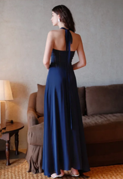 Dark blue halter neck slim waist elegant temperament long dress homecoming dress R4754