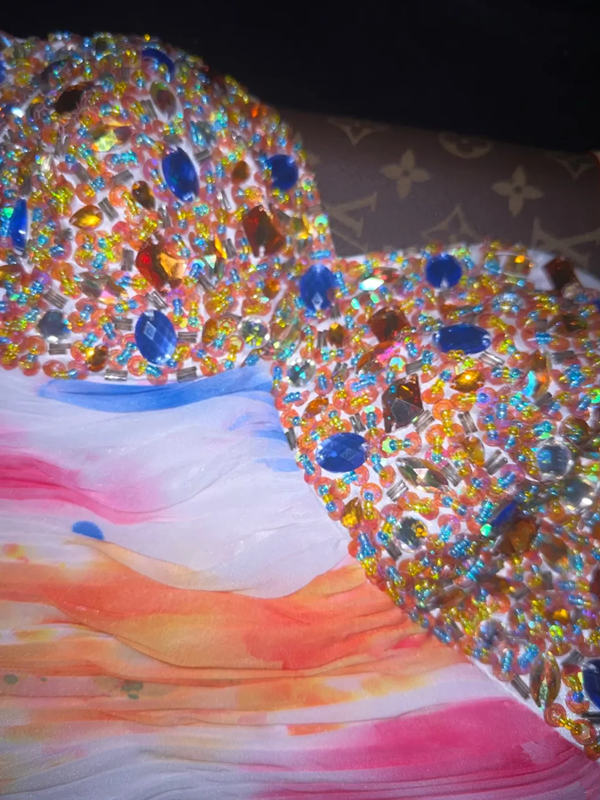 Colorful strapless rhinestone fitted long ball gown R6411