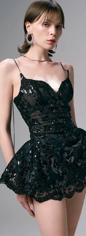 Black suspender low-cut sexy waist lace miniskirt homecoming dress R4551