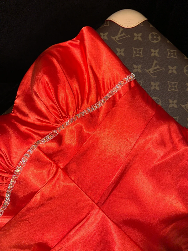 Red strapless fitted mermaid long ball gown R7010