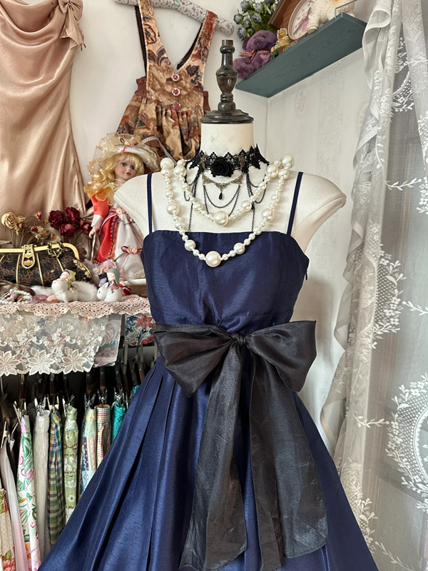 Navy blue halter-neck A-line mini skirt, ball gown R6291