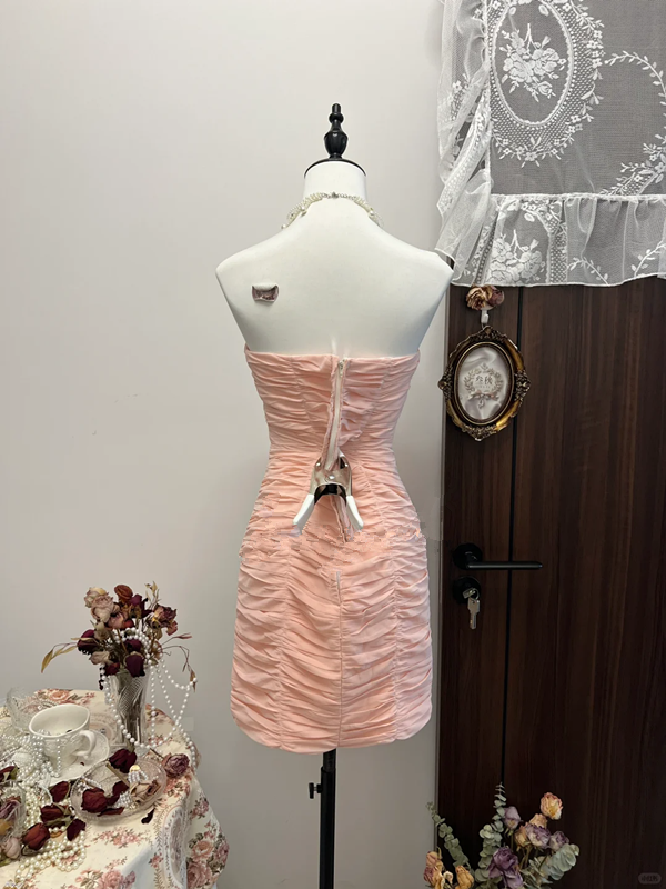 Pink tube top bow waist hip sexy short skirt homecoming dress R4269