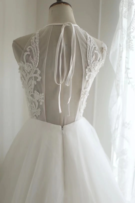 White lace halter neck fitted waist long tulle skirt ball gown, bridal dress R6731