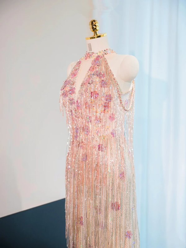 Light pink halter neck, fitted waist, sexy fairy-like long ball gown, bridal dress R9007