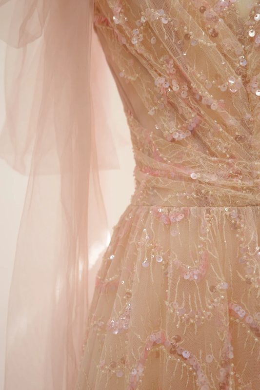 Light pink V-neck fitted A-line long ball gown, bridal dress R8553