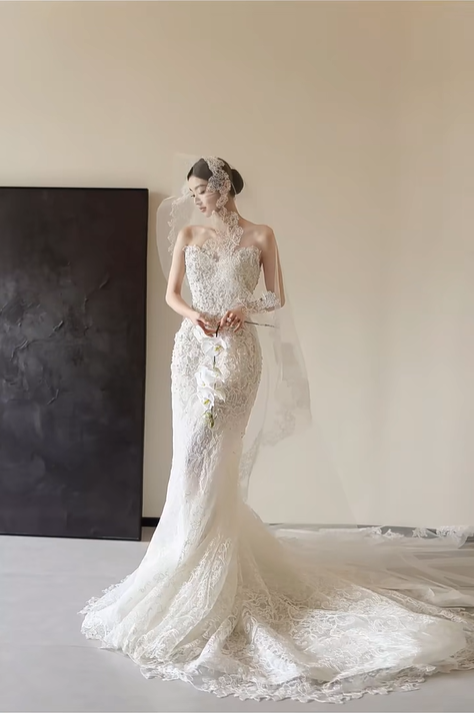 White strapless lace waist slim sexy long dress bridal gown R6052