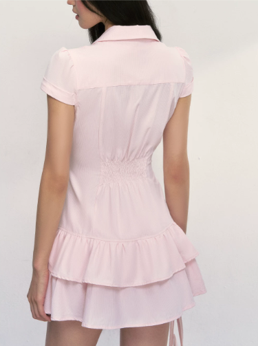 Baby Pink Button-Front Shirt Dress with Puff Sleeves, Tiered Ruffle Hem and Back Smocked Waist R9251