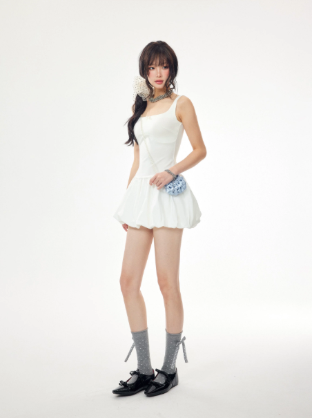 Spaghetti Strap Slim Fit Mini Dress Women Summer Puff Bubble Skirt Cami Dress R9381
