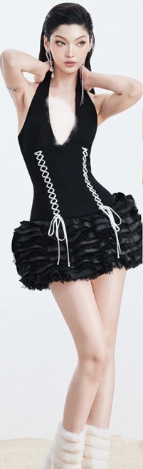 Black halter neck slim waist cake skirt sexy short skirt homecoming dress R4591