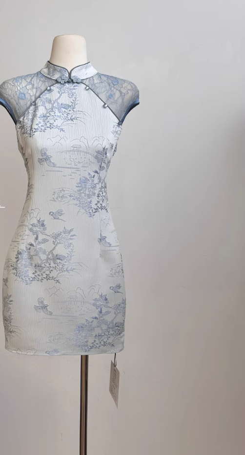 New Chinese style short skirt waist slimming Chinese style lace cheongsam dress R2078