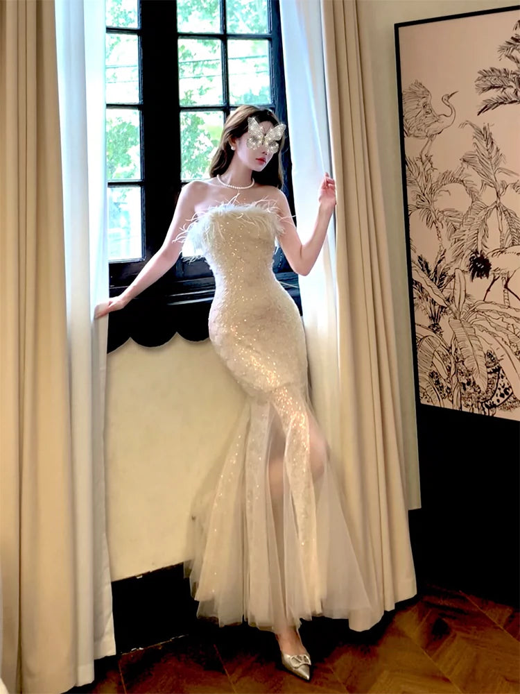 Feather strapless mermaid dress long party dress S6033