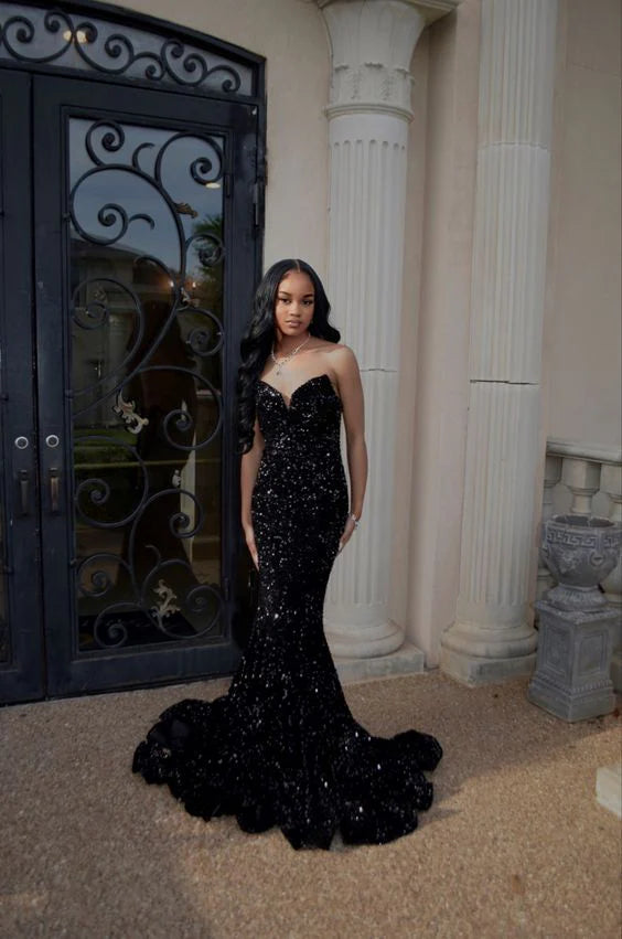 Sexy Black Sweetheart Strapless Mermaid Long Prom Dress S3540