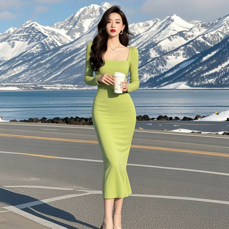 Green square neck long-sleeved dress new party dress S5653