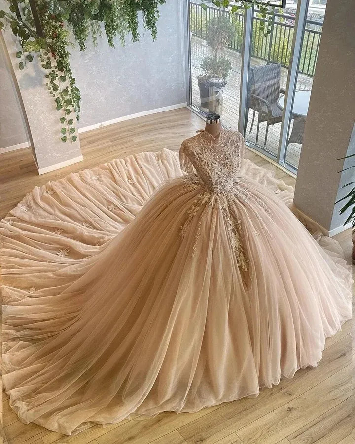 Champagne Beaded Princess Dress, Gorgeous Wedding Dress, Dreamy Bridal Ball Gown S6086