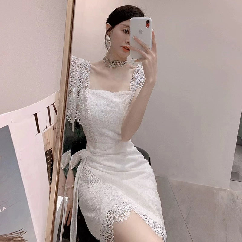 sleeveless white lace short party dress S5839