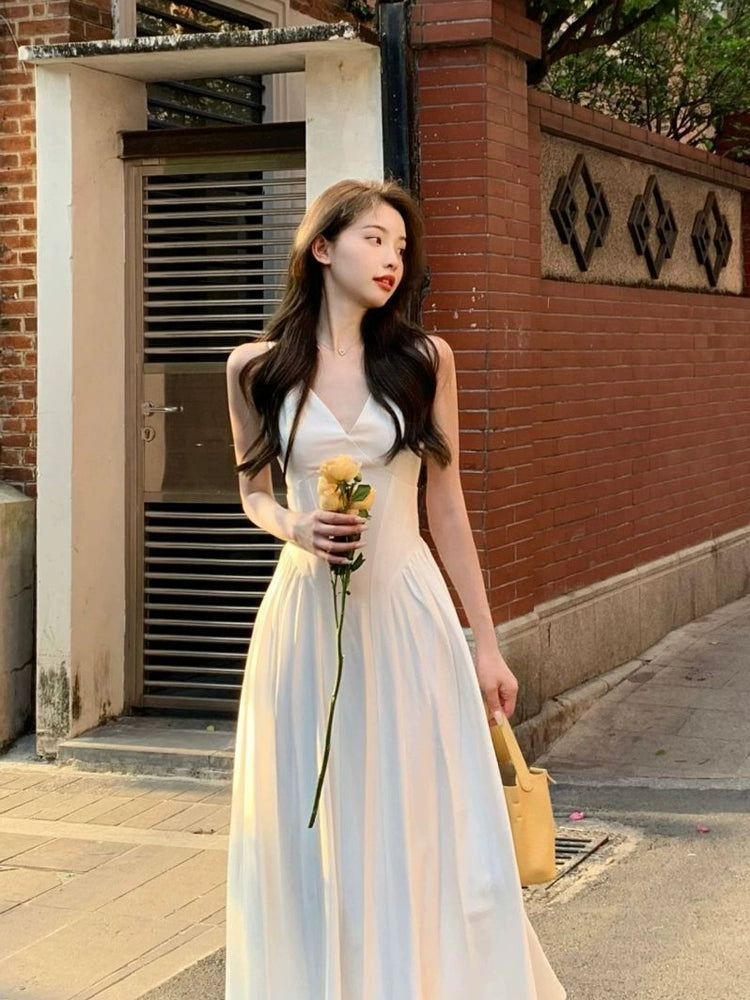 Fairy long v-neck white suspender dress S5792