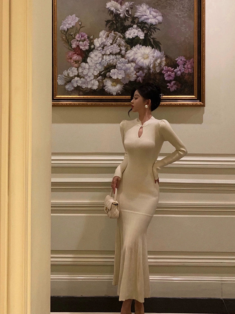 Knitted dress women new gentle style mermaid long party dress S5595