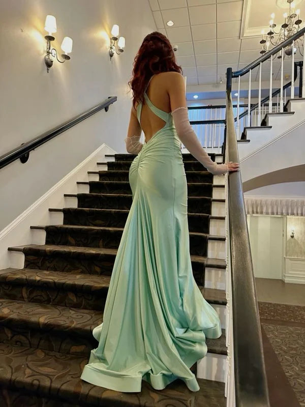 Mermaid Straps Backless Mint Green Long Prom Dresses S5711