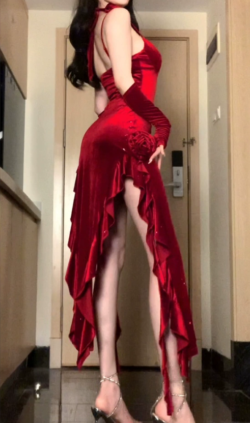 Red dress women's velvet suspender skirt irregular sexy birthday evening dress S5457