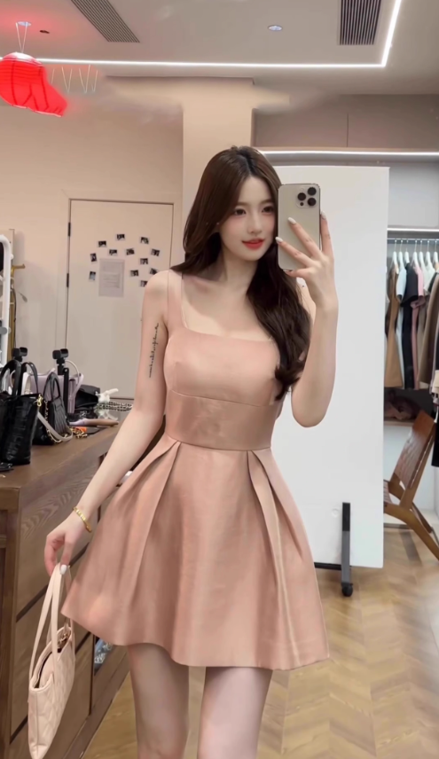 Gentle and elegant pink square neck suspender dress with waist A-line short skirt R0487