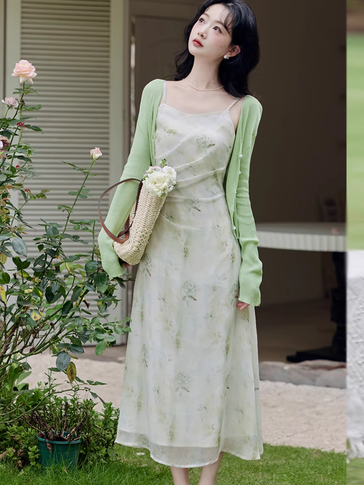 French style cool print suspender skirt gentle style waist slim green floral dress R2396