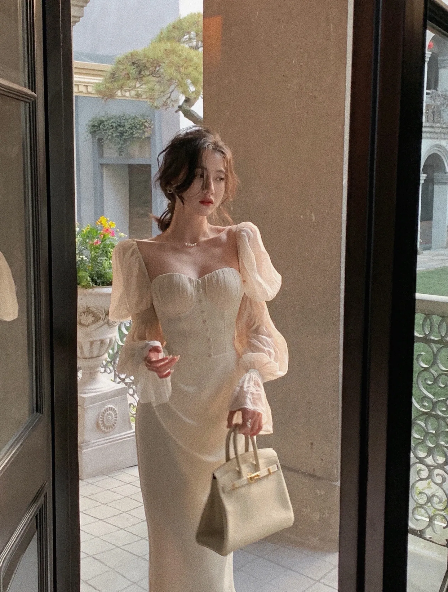 Puff-Sleeve Elegant Midi Dress Prom & Party Evening Dress for Women S5427