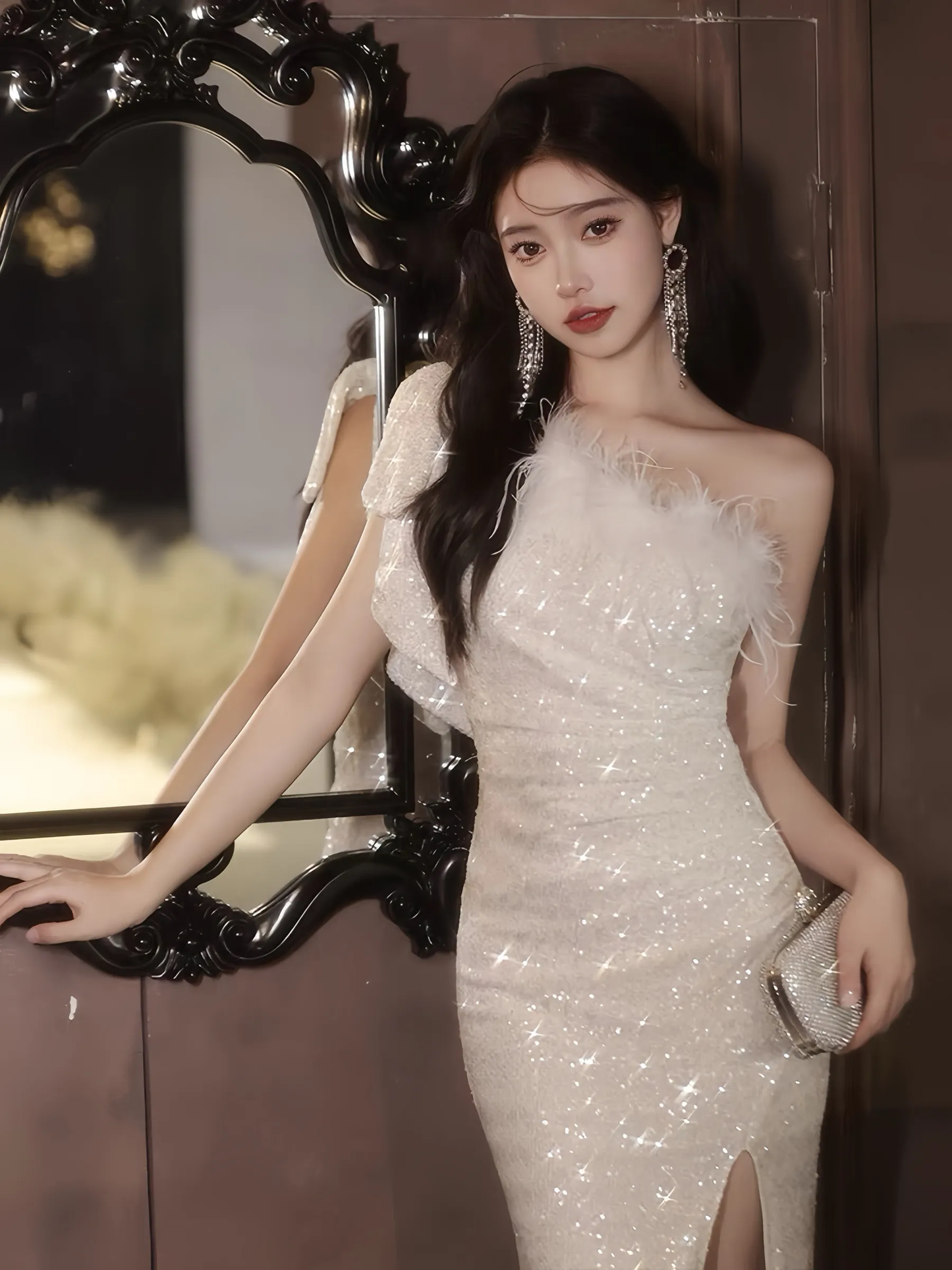 White one-shoulder sequined evening dress S5438