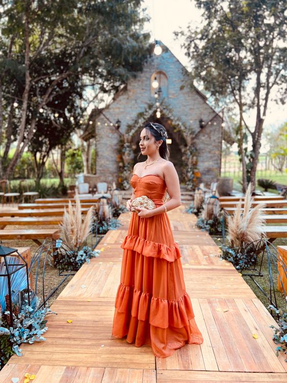 Strapless Orange Long Prom Dress Summer Outfit S5298