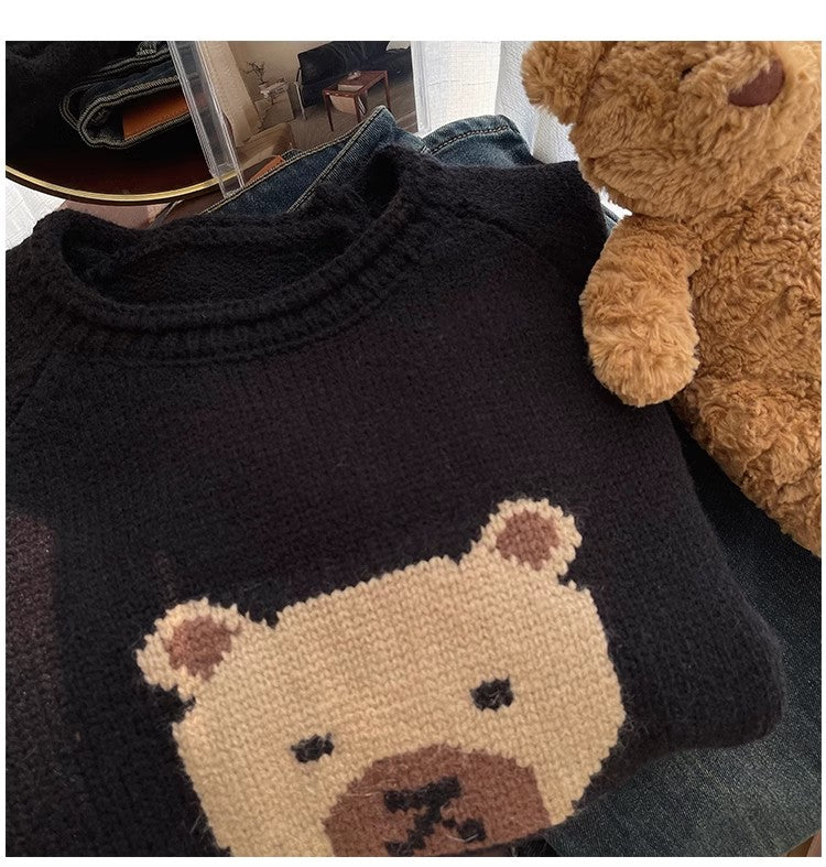Designed bear jacquard round neck sweater for women knitted top trendy S4886