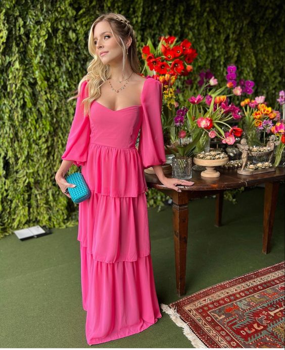 A line hot pink long formal prom dress S5072