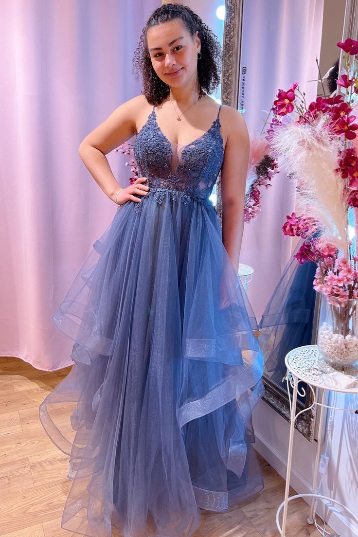 Blue Deep V Neck Beaded Appliques Multi-Layers Long Prom Dress S4812