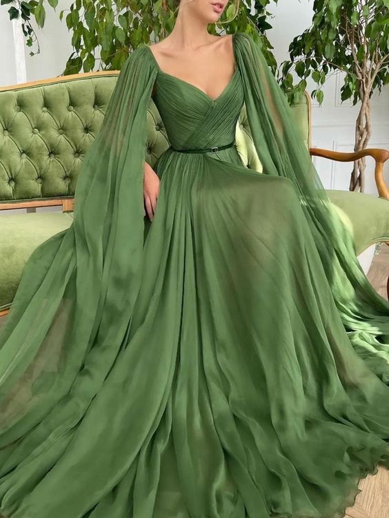 A line v neck chiffon green long prom dress, green long evening dress S4953