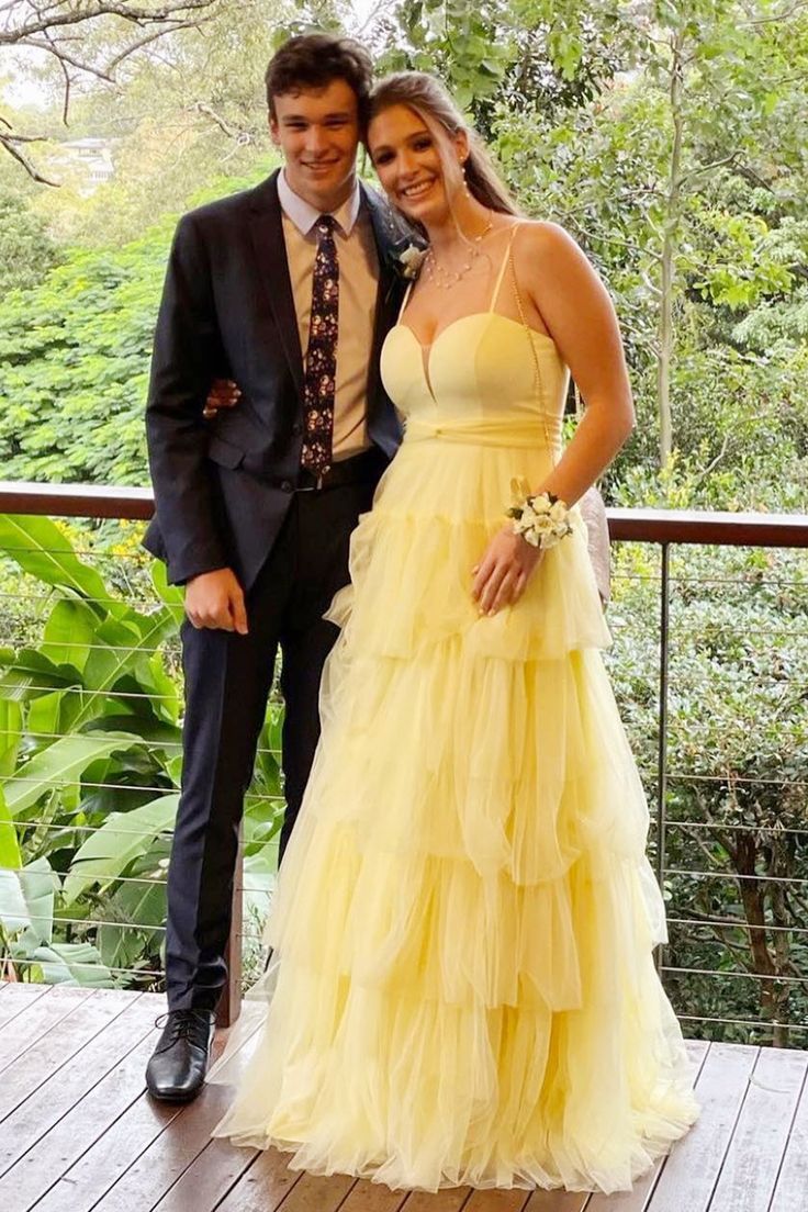 Yellow Straps Multi-Tiered A-Line Long Prom Dress S5157