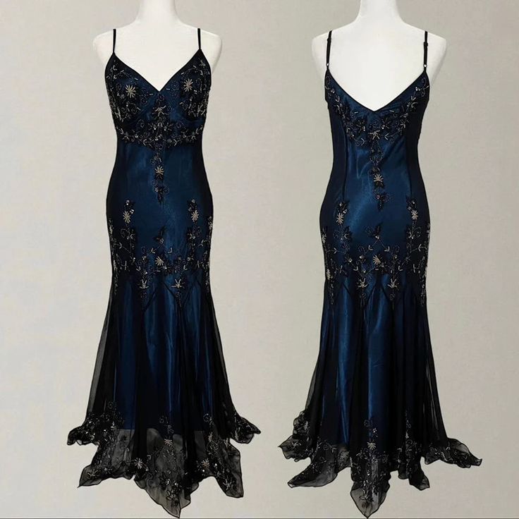 Gorgeous Spaghetti Straps Mermaid Navy Blue Beads Beaded Long Prom Dress S5242