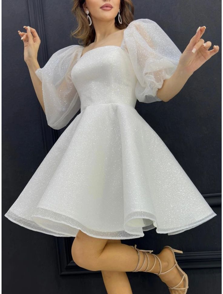 A-Line Homecoming Dresses Sparkle Dress Homecoming Short / Mini Half Sleeve Square Neck Sequined with Glitter Pleats S5179