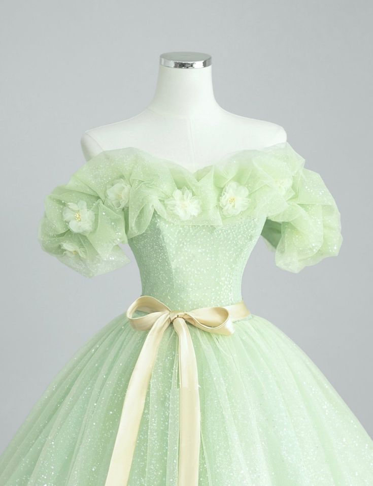 A-Line Off Shoulder Tulle Green Long Prom Dress, Green Sweet 16 Dress S5143