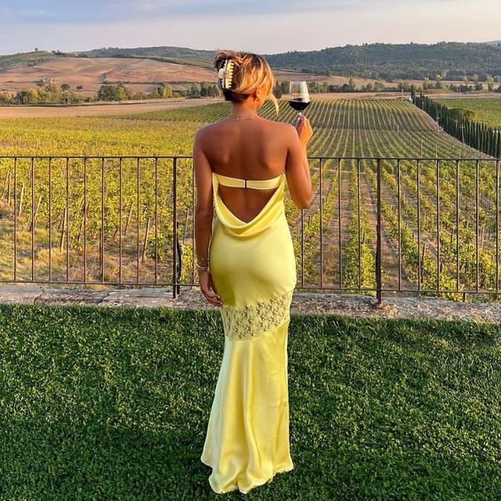 Strapless Yellow Sheath Long Prom Dress Summer Outfit S5296