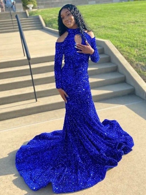 Royal Blue High Neck Trumpet/Mermaid Sequin Long Sleeves Evening Dress S5239