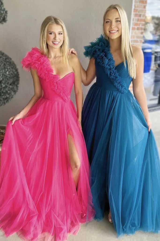 A Line Pink One Shoulder Tulle Prom Gown with Slit, New Arrival Women Dress S5082