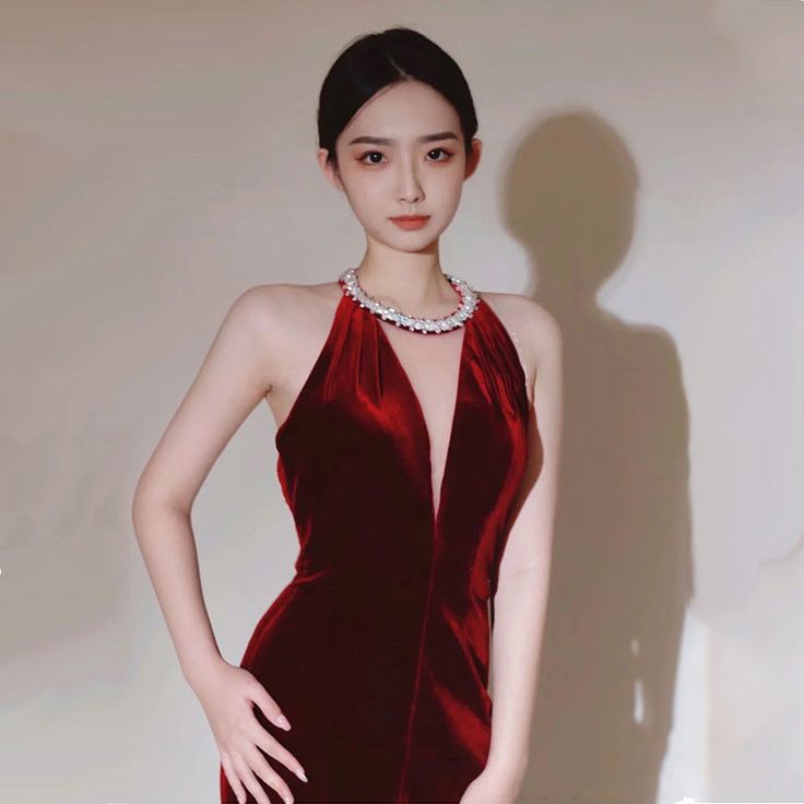 Deep V Neck Mermaid Velvet Long Evening Dress Backless Tassel Party Gown with Slit S4981