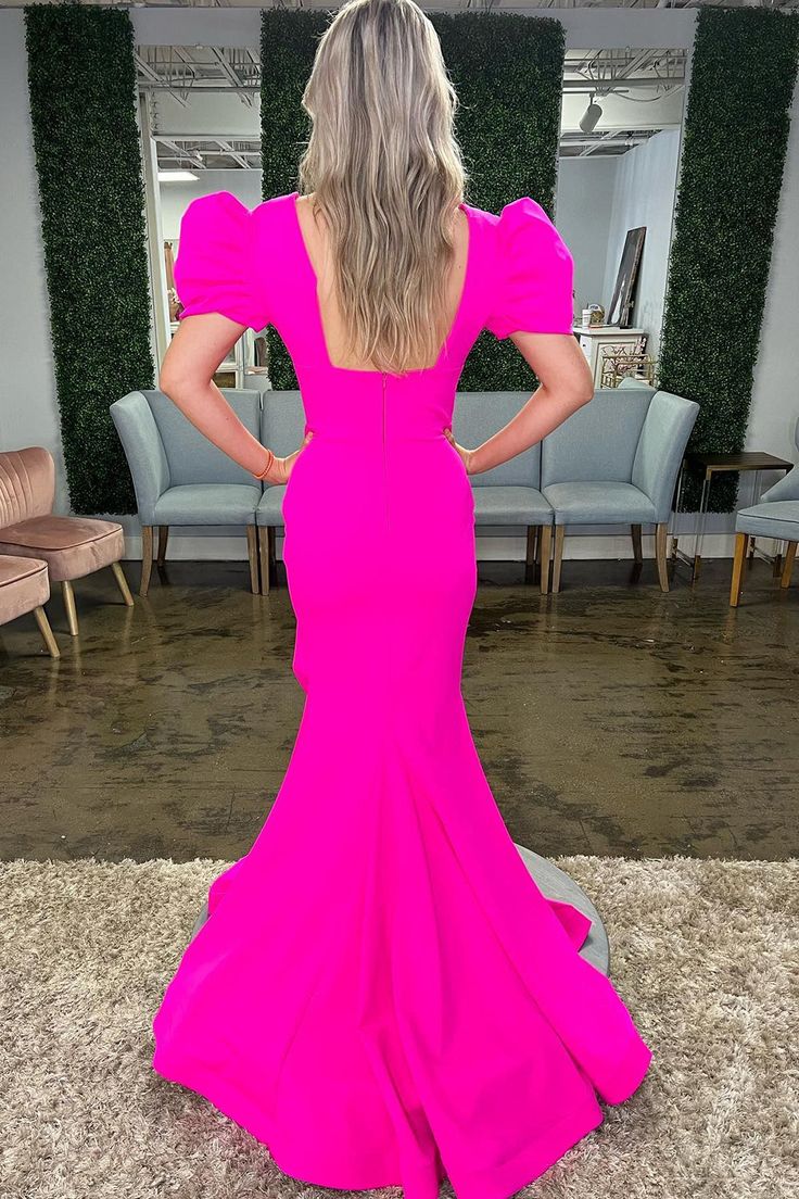 Hot Pink Mermaid Deep V Neck Long Prom Dress with Slit Formal Evening Dresses S5270