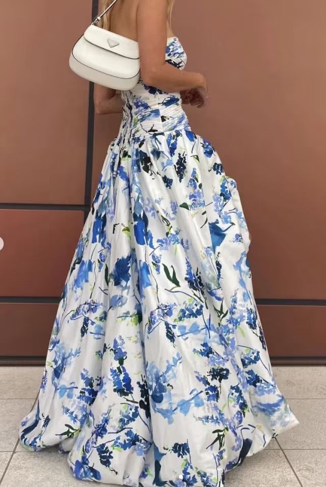 Blue Printed A-Line Strapless Long Prom Dress S5300