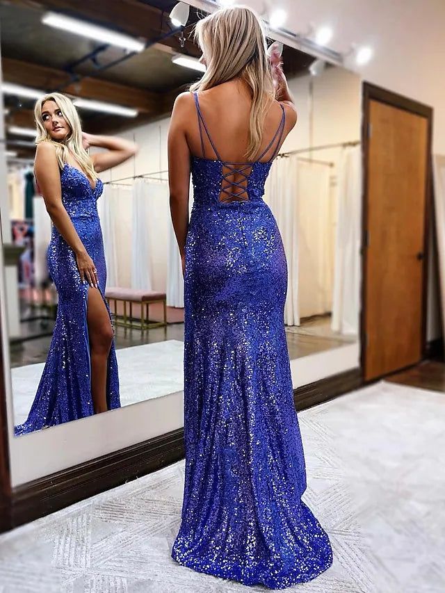 Prom Dresses Sparkle & Shine Dress Formal Sleeveless V Neck Sequined Backless with Glitter Sequin S5235
