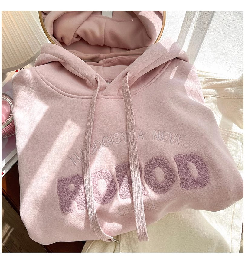 Sweet pink hooded sweatshirt for women embroidered top S4933