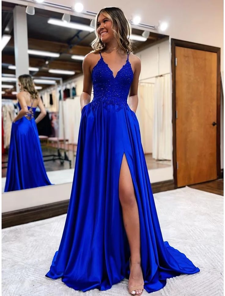 A-Line Prom Dresses Empire Dress Formal Court Train Sleeveless V Neck Satin Backless with Beading Appliques S4983