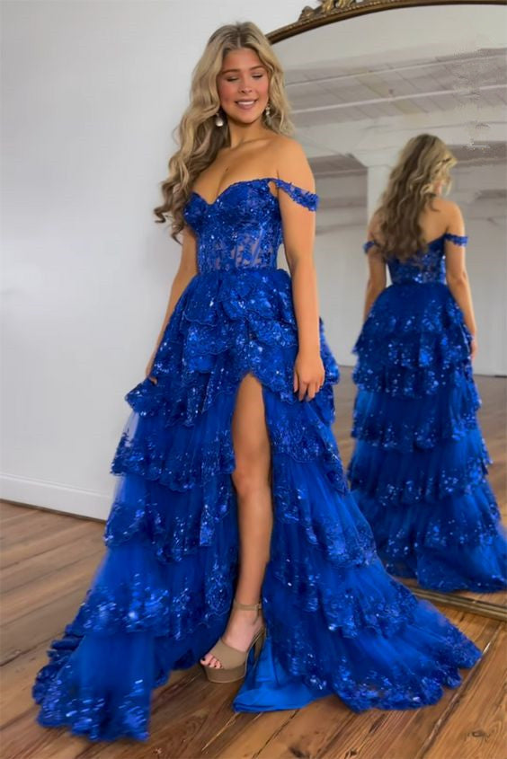 Straps Off-Shoulder Side Slit A-Line Applique Party Prom Dress S5118